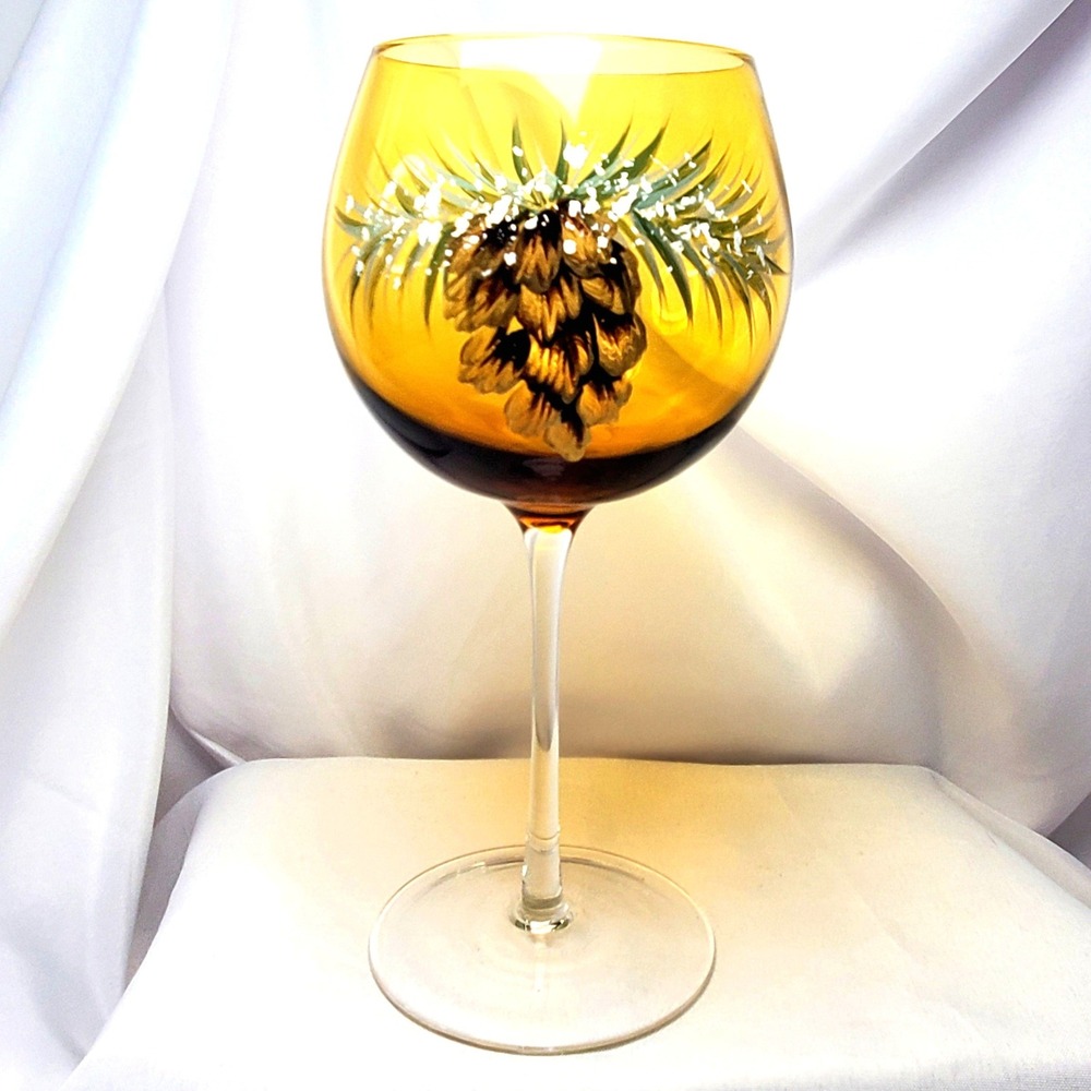 Hand Painted Amber Wine Glass Pinecone Snowy Evergreen Branch Rustic Lodge Decor